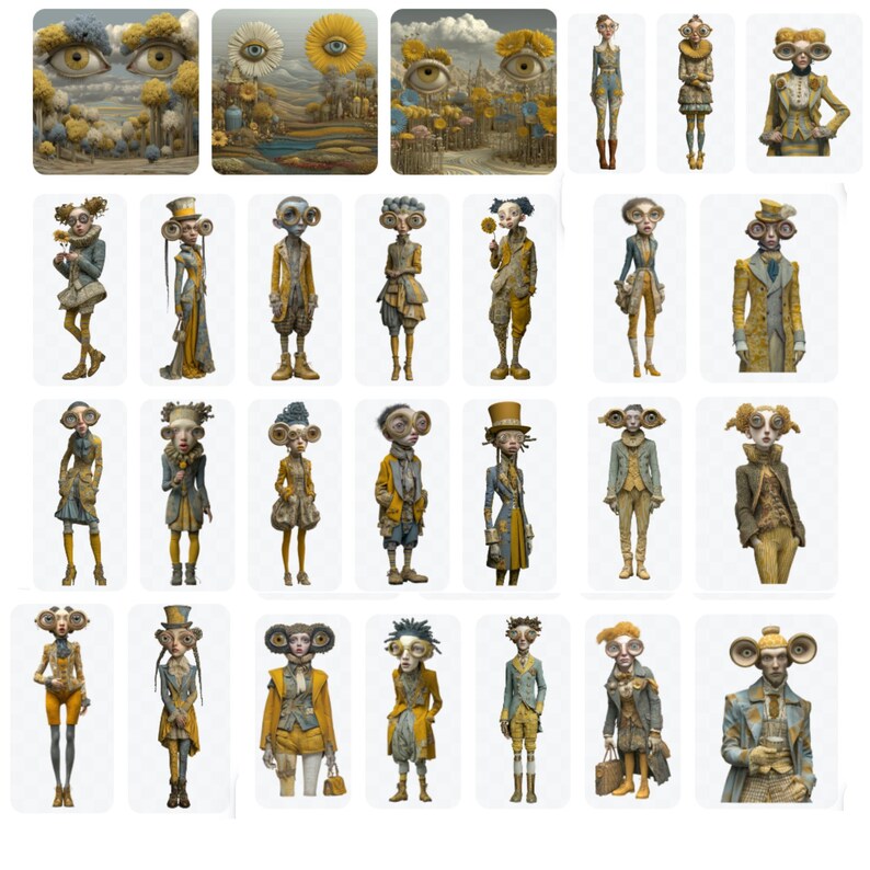 May include: A collection of whimsical, surreal illustrations featuring humanoid figures with exaggerated features, dressed in vintage-inspired clothing. The color palette includes muted yellows, blues, and browns, creating a dreamlike atmosphere. Some images depict landscapes with large, eye-like shapes.