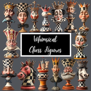 May include: A collection of whimsical chess figures with detailed faces, crowns, and checkered patterns. The figures include a horse, a castle, and various human-like characters. The text "Whimsical Chess Figures" is displayed on a black background.