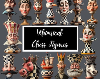 Whimsical Chess Figures Clipart | Fantasy Chess Piece Illustrations | 80 PNG Digital Download