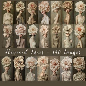 Visages fleuris - clipart floral neutre de visages de dames, 140 fichiers Jpeg, journaux indésirables, art numérique, usage commercial, fleurs femmes CU