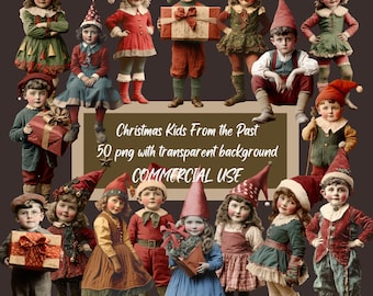 May include: A collection of 16 vintage Christmas-themed images featuring children dressed in festive attire. The images are in a collage format and include a variety of poses and expressions. The text "Christmas Kids From the Past 50 png with transparent background COMMERCIAL USE" is displayed at the bottom of the image.