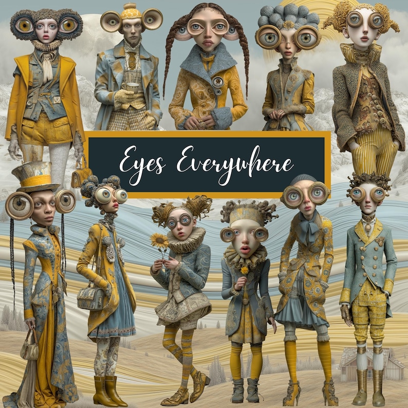 May include: A digital art piece featuring multiple figures with exaggerated eyes and unique attire. The figures are dressed in a mix of yellow, blue, and gray clothing. The text "Eyes Everywhere" is displayed on a dark background.