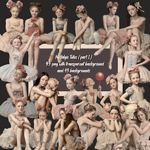 Tutús nostálgicos - Clipart de bailarinas - Bailarinas de ballet vintage, ilustraciones de estilo fotográfico antiguo, arte de danza retro, 95 PNG, 43 fondos