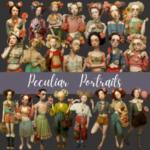 Peculiar Portraits PNGs 114 Quirky Sassy Funny Faces Clipart Printable Art , Scrapbooking, Cards Journals, Digital Download, 7 Backgrounds