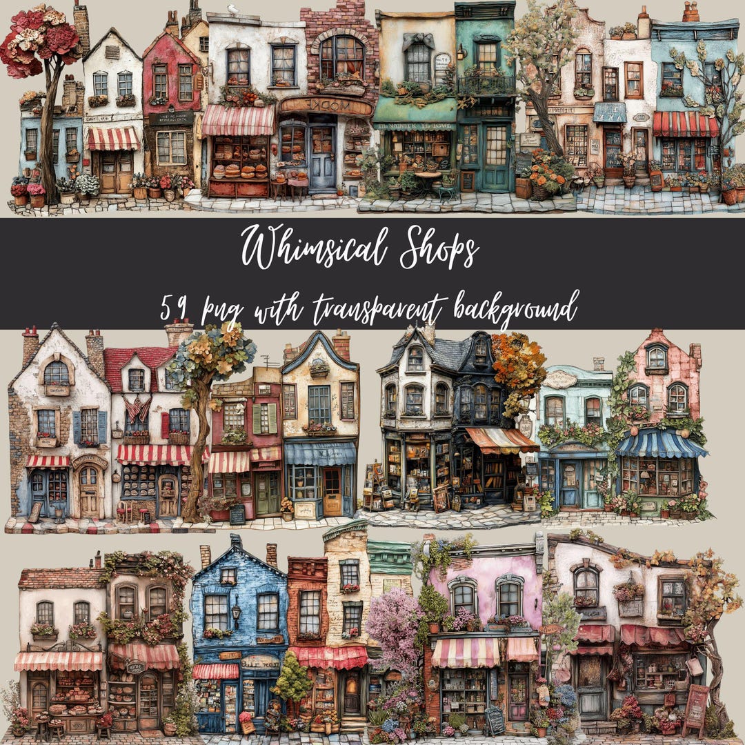 Whimsical Shops PNG Clipart: Mixed Media Graphics for Scrapbooking - Etsy