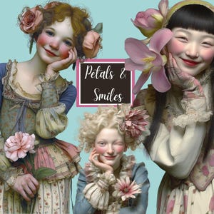 May include: Digital illustration featuring three smiling figures adorned with flowers and vintage-style clothing. The image includes the text "Petals & Smiles" on a black background, set against a light blue backdrop. The figures have rosy cheeks and are holding flowers.