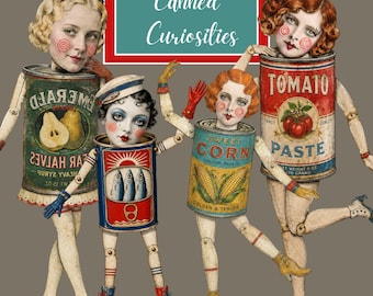 Printable Paper Dolls, 65 Vintage Tin Girls, Retro Can Characters, Whimsical Junk Journal Digital Clip Art