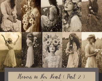 Flowers in Her Heart (PART 2) - 68 Vintage Girls /Ladies/ Women with flowers Old Photographs Artistic Images, Junk Journals Digital Art CU
