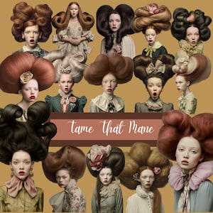 Doma quella criniera - 79 ritratti surreali di donne con capelli lunghi, collage artistici, scrapbooking, diari di scarto, arte digitale, uso commerciale, png