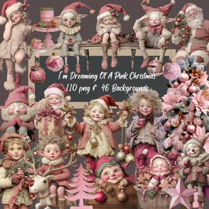 Estou sonhando com um Natal rosa, elfos de Natal vintage, clipart de elfos, kit de férias, suprimentos para diário de arte digital para fazer cartões, CU