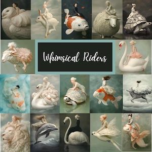 May include: A collage of whimsical art pieces featuring figures riding various animals, including an owl, rabbit, koi fish, sheep, and turtle. The text "Whimsical Riders" is displayed in the center, with each image showcasing a unique fantasy scene.
