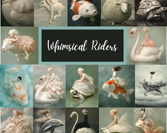 Whimsical Riders Clipart Bundle | 47 Fantasy Animal Illustrations , Girls Riding Magical Creatures | Fairy Tale Swan, Fish, Turtle, Sheep