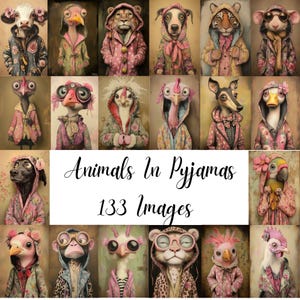 Animales en pijama - 133 animales extravagantes y caprichosos en pijama Arte de acuarela, Animales divertidos, Diario basura, Álbum de recortes, Descarga digital CU