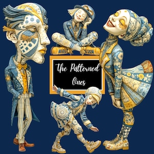 May include: A striking artwork showcasing four patterned figures in blue, yellow, and white hues set against a dark blue backdrop. The figures are adorned in patterned attire, and the image includes the text "the Patterned Ones".