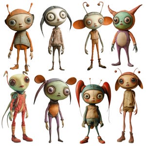 May include: Eight whimsical alien characters with large eyes and colourful clothing. The characters are standing on a white background.