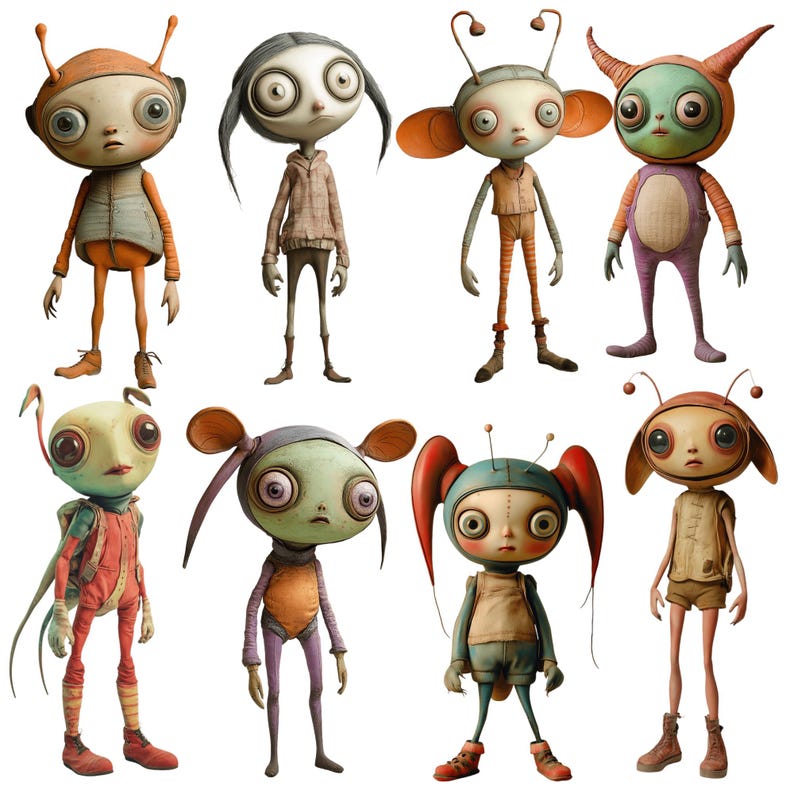 May include: Eight whimsical alien characters with large eyes and colourful clothing. The characters are standing on a white background.