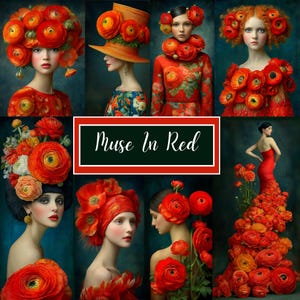 Carte digitali floreali rosse per donne, 95 ritratti botanici di moda, stampe di ranuncoli e papaveri per junk journal e scrapbooking