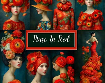 Red Floral Women Digital Papers, 95 Botanical Fashion Portraits, Ranunculus & Poppy Printables for Junk Journals and Scrapbooking