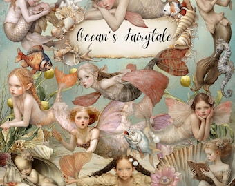 Whimsical Mermaid Clipart: Junk Journal Kit, Scrapbook Ephemera (100 PNG, 16 Backgrounds) - Ocean's Fairytale