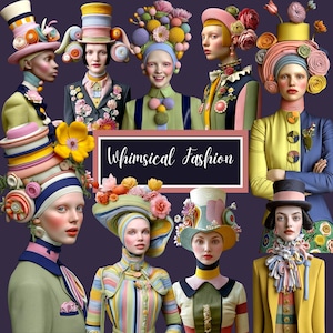 Whimsical Fashion Portraits Clipart Bundle – 46 Couture Characters PNG, Avant Garde People, Junk Journal, Scrapbooking, Printable Elements