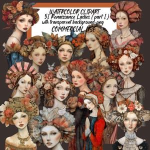 Renaissance  Ladies Part 1-  51 PNG Graphics, Medieval Clipart, Junk journal, Whimsical Ladies, Digital Download ,Commercial Use  ,CU