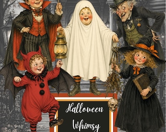 Printable Halloween Paper Dolls Ephemera, 61 Vintage Characters + 32 Backgrounds, Ghosts Witches Pumpkin Heads PNG