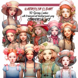 50 señoritas de primavera: 50 imágenes digitales PNG, imágenes prediseñadas de chicas caprichosas PNG, tarjetas, diarios basura, kit de álbum de recortes, collage, uso comercial