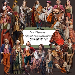 Renaissance Portrait Clipart: 95 Colourful PNG Elements (Digital Download)