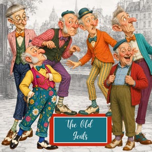 Puede incluir: Una ilustración caprichosa de seis personas mayores con ropa colorida y estampada de estilo vintage. Un letrero rectangular de color verde azulado en la parte inferior presenta el texto blanco 'The Old Gents'. Los personajes visten blazers, chalecos y pantalones.