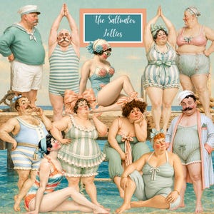 Op de afbeelding: Een vintage-stijl illustratie met een groep mensen in vintage badkleding. De afbeelding bevat de tekst "The Saltwater Follies". De mensen zijn van verschillende groottes en poses, met een nautisch thema, tegen een achtergrond van water en een pier.