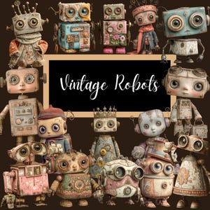 Könnte beinhalten: Eine Sammlung von Vintage-Roboterfiguren in verschiedenen Farben und Designs, darunter Blau, Rosa und Gold. Die Roboter haben einzigartige Merkmale und sind auf einem braunen Hintergrund angeordnet. Der Text "Vintage Robots" wird in Weiß angezeigt.