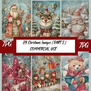 Può includere: Un collage di nove illustrazioni a tema natalizio con Babbo Natale, una renna, un orso e bambini. Le illustrazioni sono in uno stile fantasioso con colori vivaci e dettagli intricati. Il testo "89 Christmas Images (PART 2) COMMERCIAL USE" è visualizzato al centro del collage.