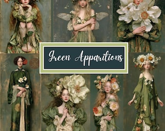 Vintage Botanical Women Clipart, Floral Fairy  146 JPEGs, Romantic Green Ladies, Whimsical Flower Girls