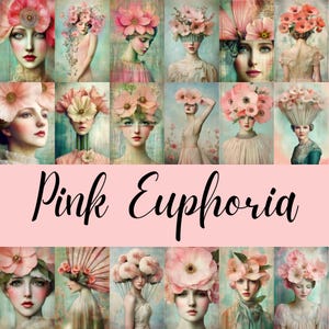 Euforia Rosa: 77 Clipart di collage primaverili vintage, Ritratti rosa stravaganti, Effimeri di diario stampabili, Creazione di biglietti, Kit per scrapbooking