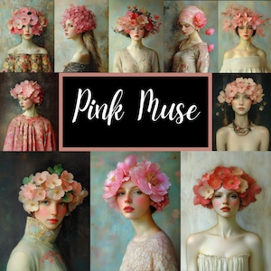 May include: A collage of images featuring women wearing floral crowns made of pink flowers. The title "Pink Muse" is displayed in the center of the collage.