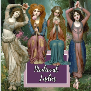 May include: An artistic image featuring four women in medieval attire. Each woman is posed gracefully, holding flowers or with arms raised. The women are dressed in flowing gowns of various colors, including pink, blue, and beige. The image has a soft, painterly quality with the text "Medieval Ladies".