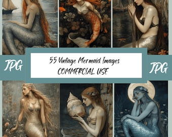 Vintage Mermaid Collage Images: Ethereal Ocean Art (Digital Download, Commercial Use)