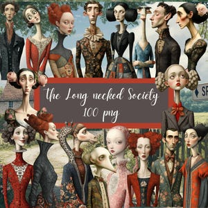 Langhals Gesellschaft 100 surreale wunderliche Porträts Clipart Junk Journal Ephemera Scrapbooking Mixed Media Print digitale Kunst, Kartenherstellung
