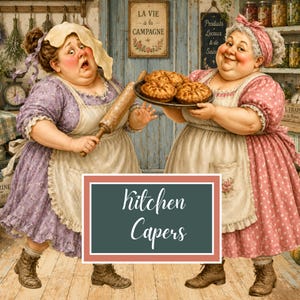 Peut inclure: Deux personnages en tabliers et robes, l'un tenant un rouleau à pâtisserie en bois avec de la pâte sur la tête, l'autre tenant une assiette de tartes cuites. L'image présente le texte Kitchen Capers dans un encadré, sur fond de cuisine rustique.