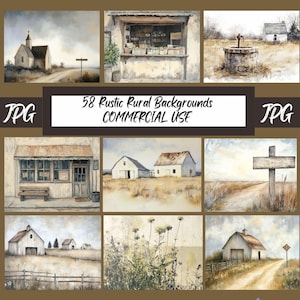 May include: A collection of 58 rustic rural backgrounds in JPG format, ideal for adding a touch of country charm to your digital projects. The backgrounds feature various scenes, including barns, farmhouses, and fields.