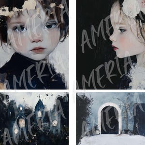 May include: A digital art collage featuring four images. The top left image shows a young girl with dark hair and blue eyes. The top right image shows a young girl with dark hair and blue eyes looking to the side. The bottom left image shows a dark blue building with clock faces and a steeple. The bottom right image shows a dark blue arched doorway with a dark blue door.