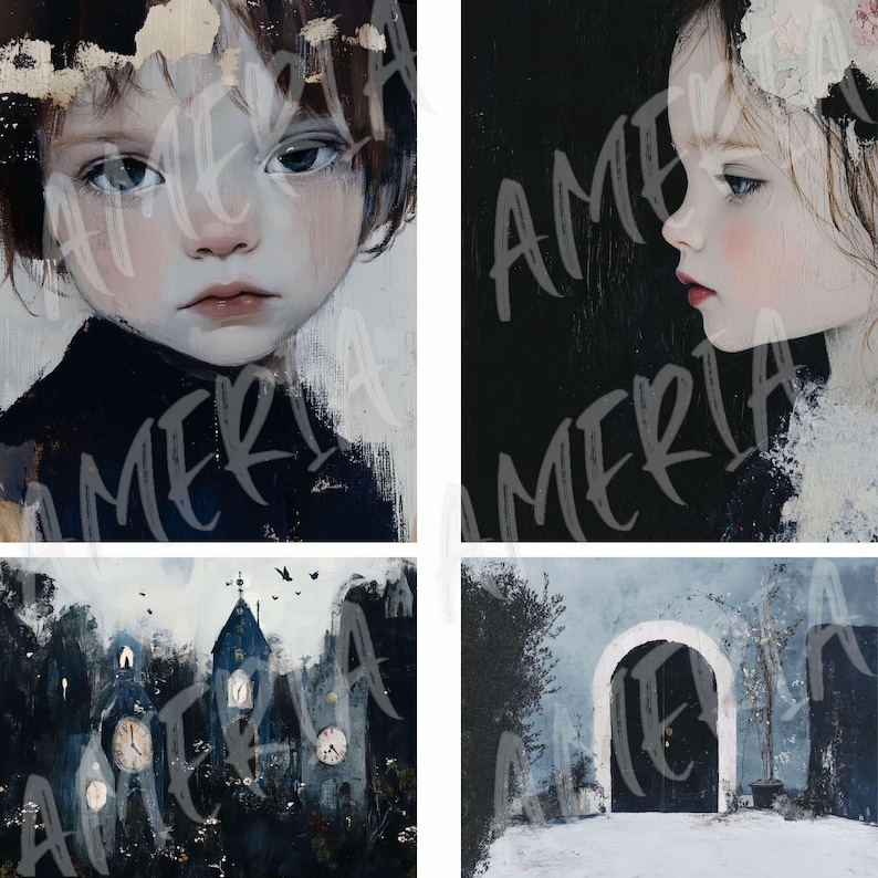 May include: A digital art collage featuring four images. The top left image shows a young girl with dark hair and blue eyes. The top right image shows a young girl with dark hair and blue eyes looking to the side. The bottom left image shows a dark blue building with clock faces and a steeple. The bottom right image shows a dark blue arched doorway with a dark blue door.