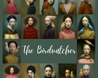 Vintage Birdwatcher Clipart: Women & Birds, Junk Journal PNGs (57 JPGs, 6x8 inches)