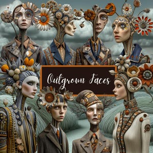 May include: A digital artwork depicting seven stylized faces with floral and mechanical features. The image includes the text "Outgrown Faces" on a brown background. The faces are decorated with flowers and intricate details, set against a cloudy sky.