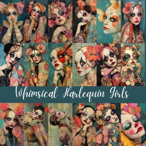 Fantastiques filles arlequines - 74 images jpgs Portraits d'inspiration médiévale pour des journaux indésirables, des albums de coupures et des projets créatifs de fabrication de cartes, CU