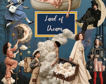 Surreal Dream Clipart, 105 PNG Characters + 36 Backgrounds, Vintage Celestial People, Moon Cloud Fantasy Art, Digital Download