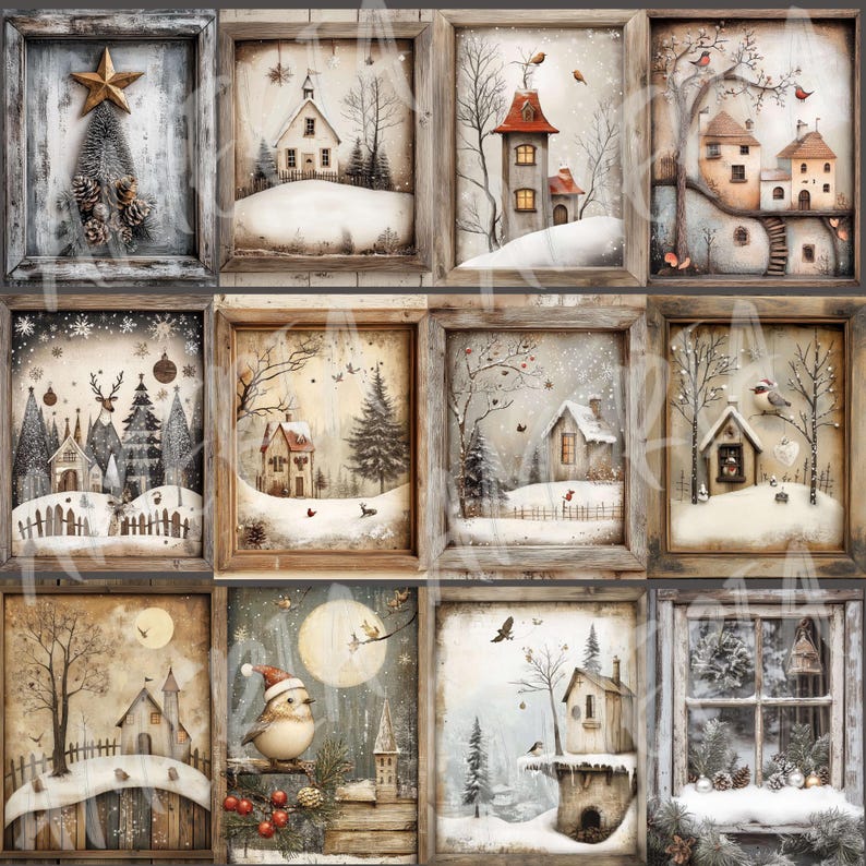 May include: A collage of 10 framed winter scenes featuring snow-covered houses, trees, and birds. Each frame has a rustic wooden look with a white background.