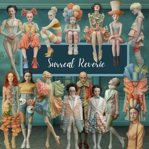 May include: A digital art piece featuring a group of figures in whimsical, colorful outfits. The characters are posed in a surreal setting, with the text "Surreal Reverie" displayed on a dark blue rectangle. The outfits include ruffles, stripes, and unique headwear.