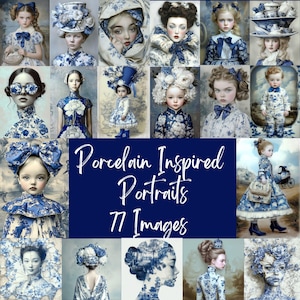 Retratos de porcelana: 77 imagens de pessoas de porcelana, florais de chinoiserie, Natal azul francês Toile de Jouy, PNGs florais azuis, brasão floral