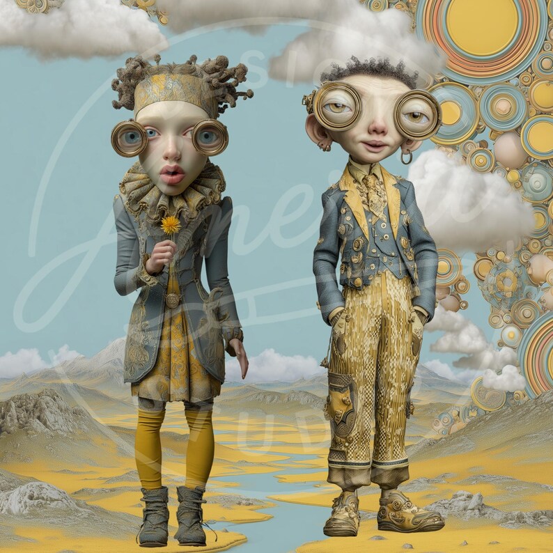 May include: Two figures in whimsical attire stand in a surreal landscape. One holds a yellow flower, both wear large, round spectacles. Their outfits feature blue, yellow, and gold tones, with intricate detailing. The background includes clouds and abstract circular designs.
